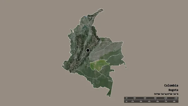 主要な地域部門と分離されたグアヴィア地域とコロンビアの荒廃した形 ラベル 衛星画像 3Dレンダリング — ストック写真