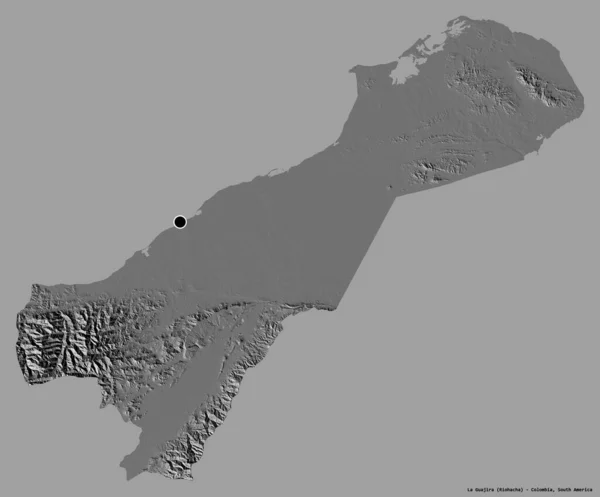 哥伦比亚省La Guajira的形状 其首都用纯色背景隔开 Bilevel高程图 3D渲染 — 图库照片