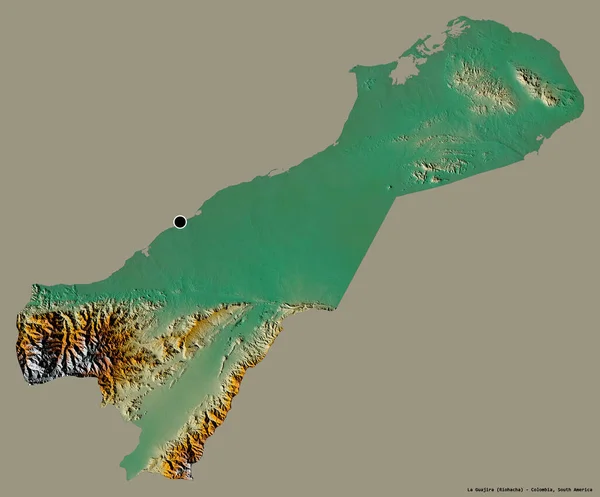 哥伦比亚省La Guajira的形状 其首都用纯色背景隔开 地形浮雕图 3D渲染 — 图库照片
