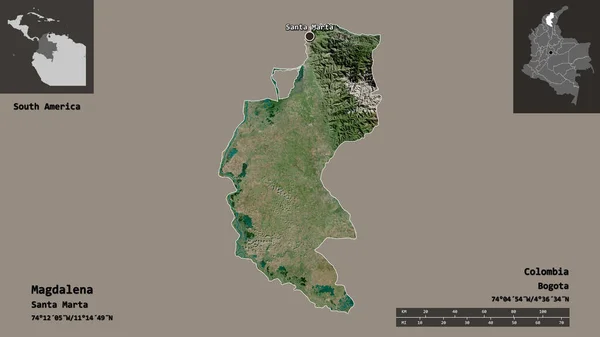 哥伦比亚省Magdalena的形状及其首都 距离刻度 预览和标签 卫星图像 3D渲染 — 图库照片
