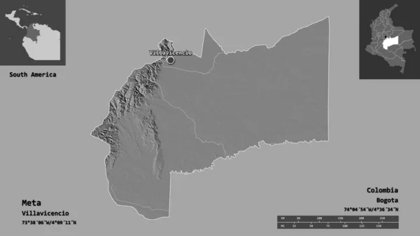 Form Meta Departementet Colombia Och Dess Huvudstad Avståndsskala Förhandsvisningar Och — Stockfoto