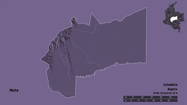 哥伦比亚省梅塔的形状 其首都独立于坚实的背景 距离尺度 区域预览和标签 彩色高程图 3D渲染 — 图库照片