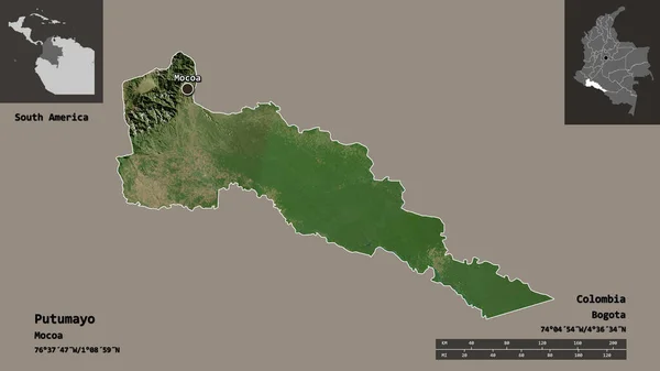 Форма Путумайо Інтенданція Колумбії Столиці Масштаб Відстаней Превью Етикетки Супутникові — стокове фото