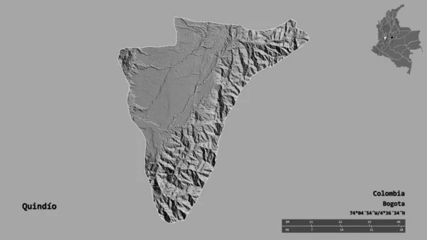 哥伦比亚的Quindio形状 其首都在坚实的背景下与世隔绝 距离尺度 区域预览和标签 Bilevel高程图 3D渲染 — 图库照片