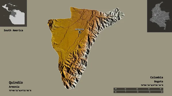 哥伦比亚省Quindio的形状及其首都 距离刻度 预览和标签 地形浮雕图 3D渲染 — 图库照片