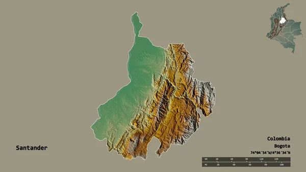 哥伦比亚省桑坦德市的形状 其首都在坚实的背景下与世隔绝 距离尺度 区域预览和标签 地形浮雕图 3D渲染 — 图库照片