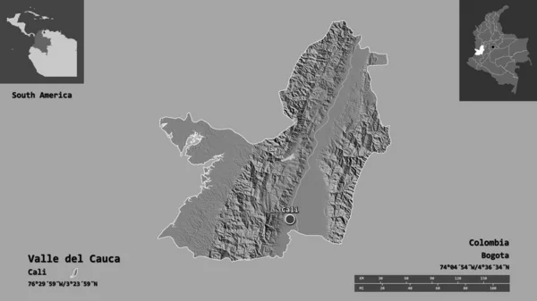 コロンビアとその首都のヴァレ カウカの形 距離スケール プレビューおよびラベル 標高マップ 3Dレンダリング — ストック写真