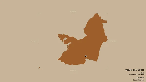 コロンビアの省ヴァレ カウカの地域は 洗練された境界線の箱の中にしっかりとした背景に隔離されています ラベル パターン化されたテクスチャの構成 3Dレンダリング — ストック写真