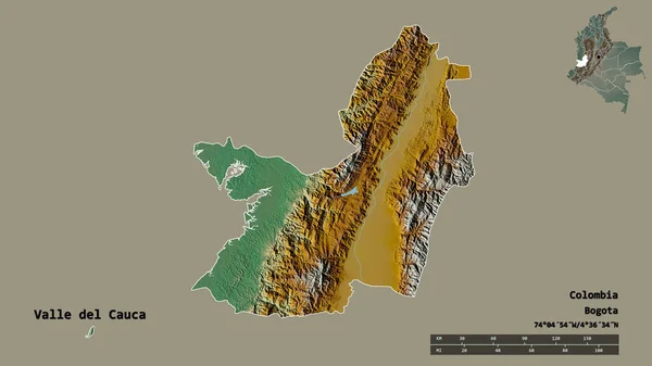 コロンビア省のヴァレ カウカの形で その首都はしっかりとした背景に隔離されています 距離スケール リージョンプレビュー およびラベル 地形図 3Dレンダリング — ストック写真