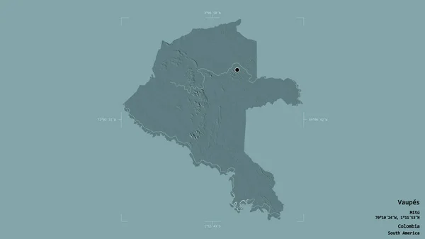 コロンビアのコミッショナーであるヴォープの地域は 洗練された境界ボックス内の強固な背景に隔離されています ラベル 色の標高マップ 3Dレンダリング — ストック写真