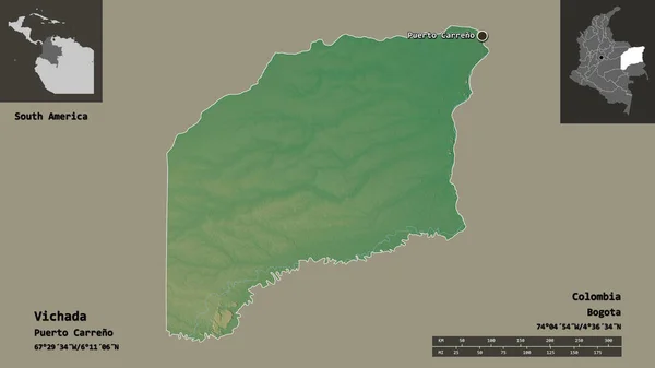 ビカダの形 コロンビアの委員会とその首都 距離スケール プレビューおよびラベル 地形図 3Dレンダリング — ストック写真