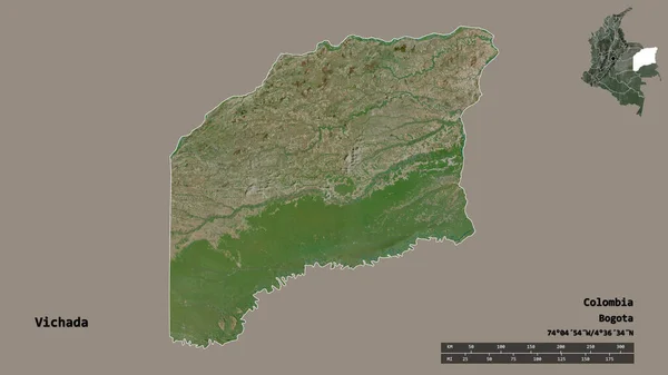 コロンビアの委員であるビカダの形は その資本がしっかりとした背景に隔離されています 距離スケール リージョンプレビュー およびラベル 衛星画像 3Dレンダリング — ストック写真