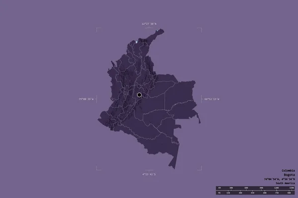 哥伦比亚的一个区域在一个地理参照框的坚实背景上被隔离 主要区域分部 距离标度 彩色高程图 3D渲染 — 图库照片