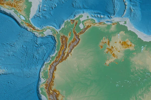 哥伦比亚的扩展地区 地形浮雕图 3D渲染 — 图库照片