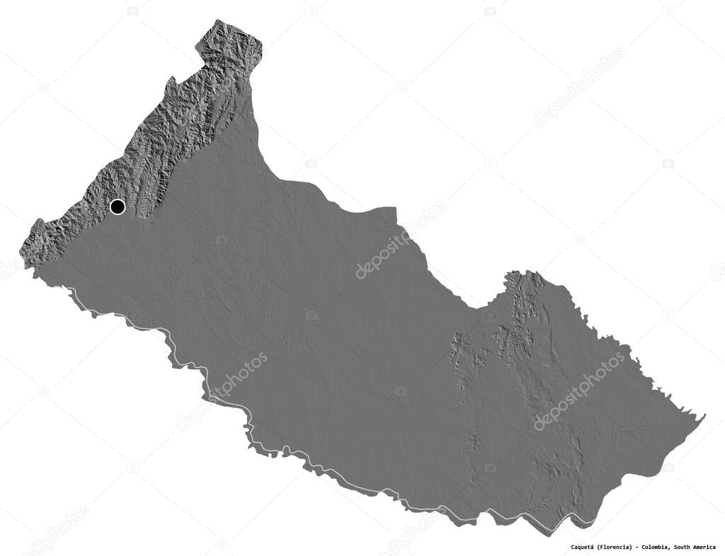Shape of Caqueta, intendancy of Colombia, with its capital isolated on white background. Bilevel elevation map. 3D rendering
