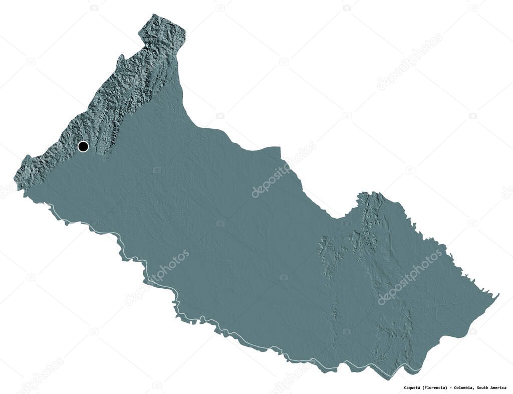 Shape of Caqueta, intendancy of Colombia, with its capital isolated on white background. Colored elevation map. 3D rendering