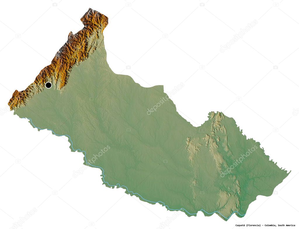 Shape of Caqueta, intendancy of Colombia, with its capital isolated on white background. Topographic relief map. 3D rendering