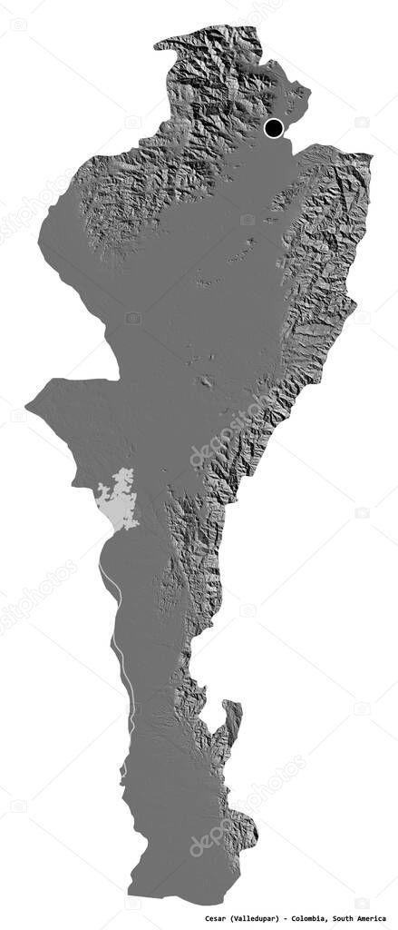 Shape of Cesar, department of Colombia, with its capital isolated on white background. Bilevel elevation map. 3D rendering