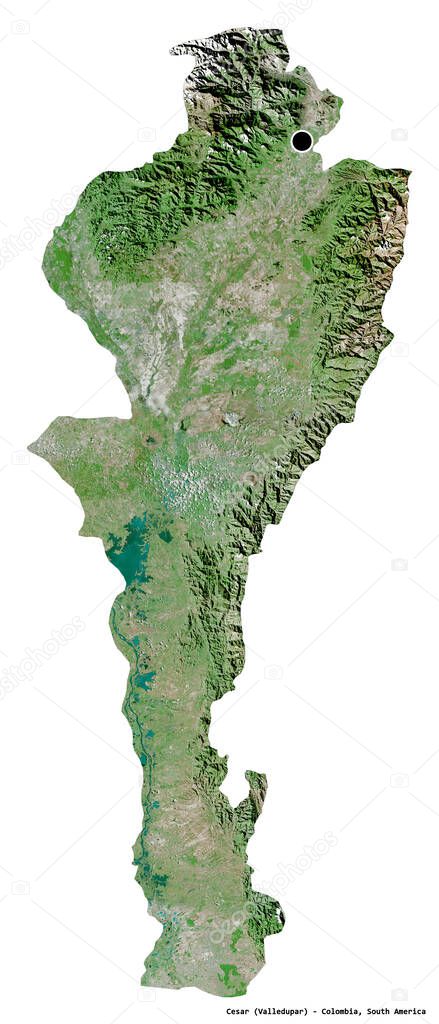 Shape of Cesar, department of Colombia, with its capital isolated on white background. Satellite imagery. 3D rendering