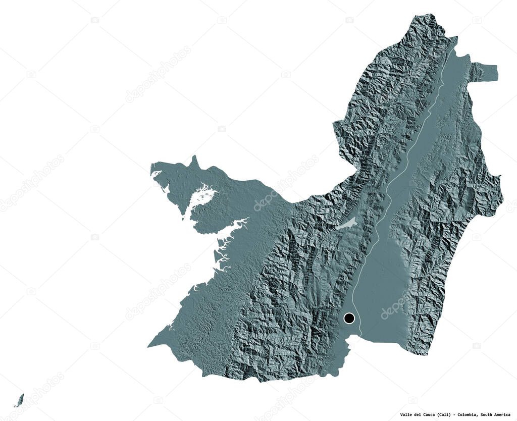 Shape of Valle del Cauca, department of Colombia, with its capital isolated on white background. Colored elevation map. 3D rendering