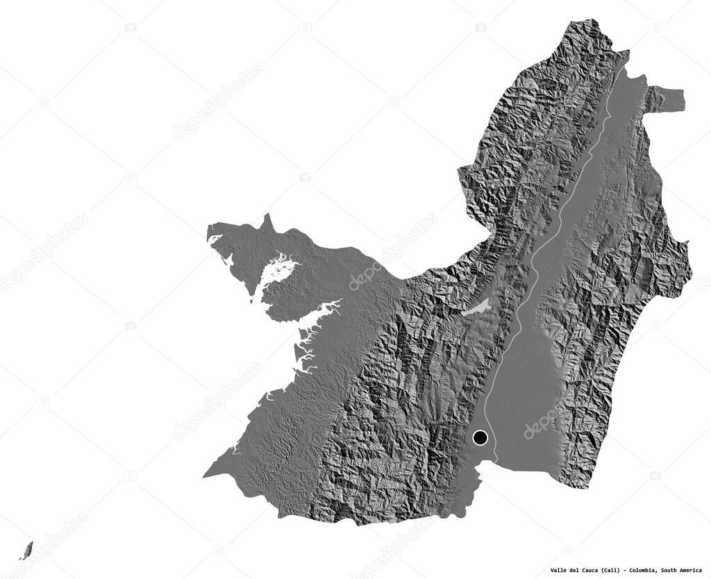 Shape of Valle del Cauca, department of Colombia, with its capital isolated on white background. Bilevel elevation map. 3D rendering