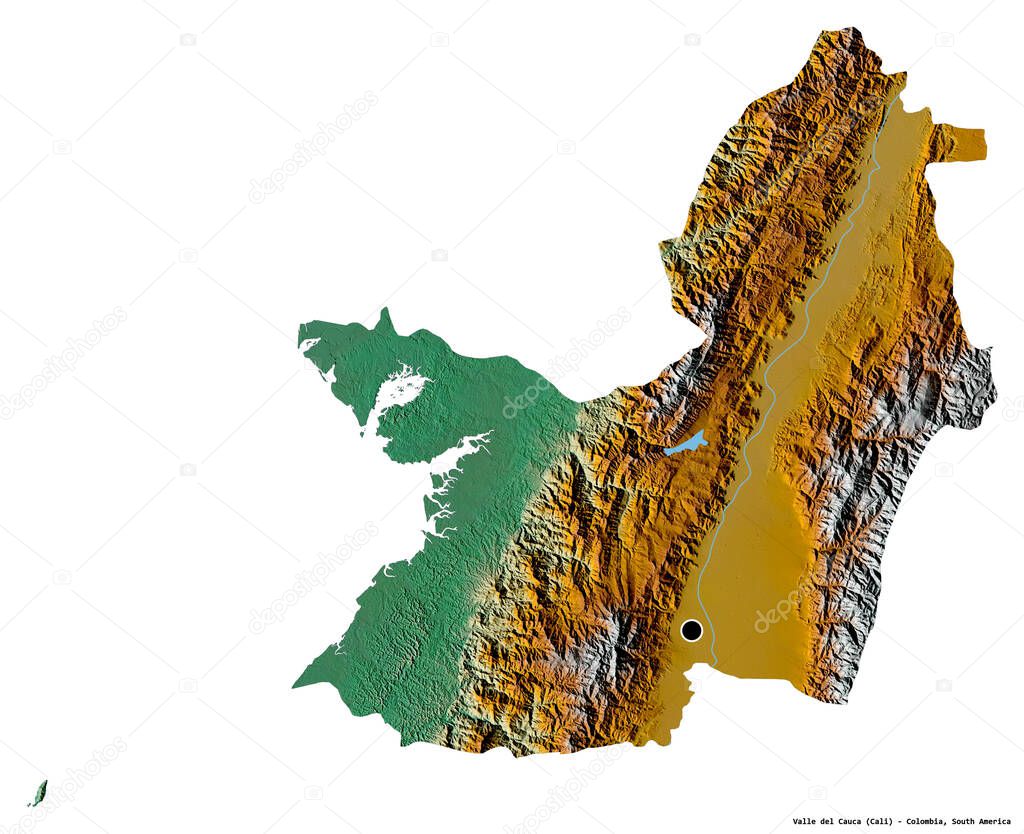 Shape of Valle del Cauca, department of Colombia, with its capital isolated on white background. Topographic relief map. 3D rendering