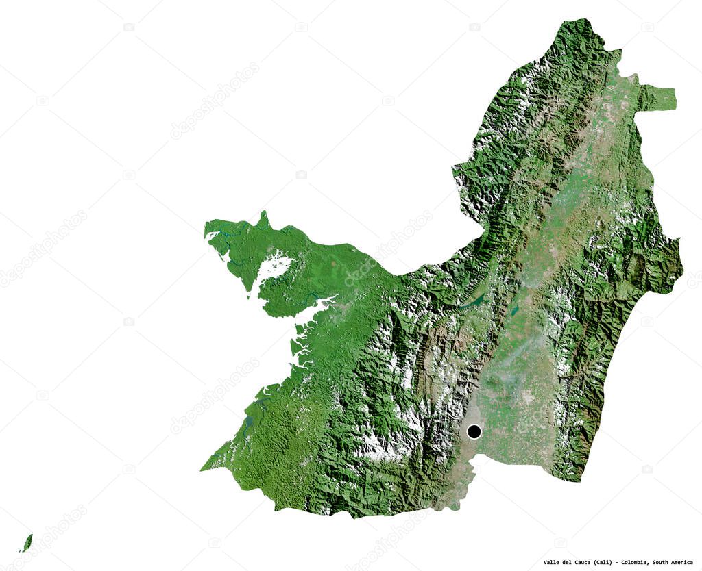 Shape of Valle del Cauca, department of Colombia, with its capital isolated on white background. Satellite imagery. 3D rendering