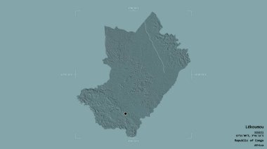 Lekoumou bölgesi, Kongo Cumhuriyeti bölgesi, katı bir arka planda izole edilmiş bir sınır kutusunda. Etiketler. Renkli yükseklik haritası. 3B görüntüleme