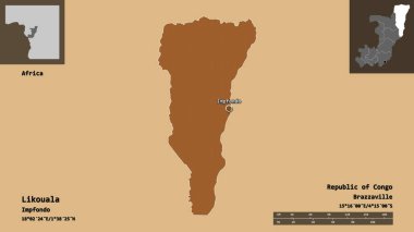 Likouala 'nın şekli, Kongo Cumhuriyeti bölgesi ve başkenti. Uzaklık ölçeği, ön gösterimler ve etiketler. Desenli dokuların bileşimi. 3B görüntüleme