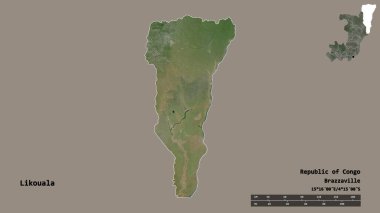 Likouala 'nın şekli, Kongo Cumhuriyeti bölgesi, başkenti sağlam bir zemin üzerinde izole edilmiştir. Uzaklık ölçeği, bölge önizlemesi ve etiketleri. Uydu görüntüleri. 3B görüntüleme