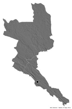 Niari 'nin şekli, Kongo Cumhuriyeti bölgesi, başkenti beyaz arka planda izole edilmiş. Çift seviyeli yükseklik haritası. 3B görüntüleme