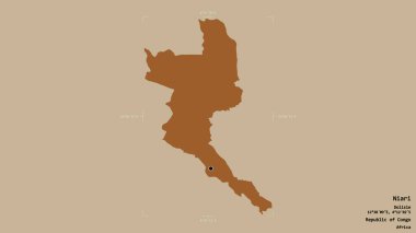 Niari bölgesi, Kongo Cumhuriyeti bölgesi, jeoreferatlı bir sınır kutusunda sağlam bir arka planda izole edilmiş. Etiketler. Desenli dokuların bileşimi. 3B görüntüleme