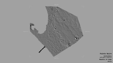 Pointe Noire bölgesi, Kongo Cumhuriyeti bölgesi, katı bir arka planda izole edilmiş bir sınır kutusunda. Etiketler. Çift seviyeli yükseklik haritası. 3B görüntüleme