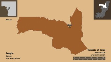 Sangha 'nın şekli, Kongo Cumhuriyeti bölgesi ve başkenti. Uzaklık ölçeği, ön gösterimler ve etiketler. Desenli dokuların bileşimi. 3B görüntüleme