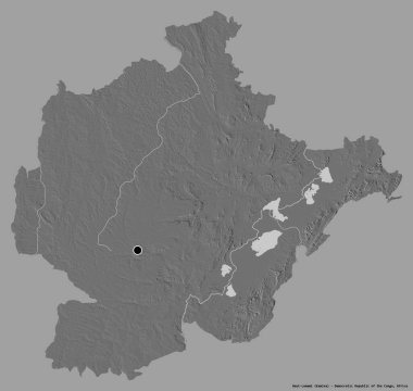 Demokratik Kongo Cumhuriyeti eyaleti Haut-Lomami 'nin şekli, başkenti sağlam bir renk arkaplanı ile izole edilmiştir. Çift seviyeli yükseklik haritası. 3B görüntüleme