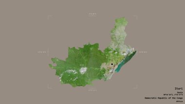 Ituri bölgesi, Demokratik Kongo Cumhuriyeti eyaleti, katı bir arka planda izole edilmiş bir sınır kutusunda. Etiketler. Uydu görüntüleri. 3B görüntüleme
