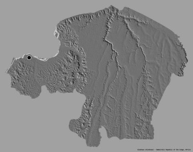Kinşasa 'nın şekli, Demokratik Kongo Cumhuriyeti eyaleti, başkenti katı bir renk arkaplanı ile izole edilmiştir. Çift seviyeli yükseklik haritası. 3B görüntüleme