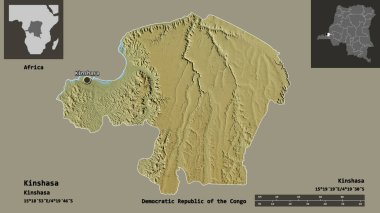 Kinşasa 'nın şekli, Demokratik Kongo Cumhuriyeti ili ve başkenti. Uzaklık ölçeği, ön gösterimler ve etiketler. Topografik yardım haritası. 3B görüntüleme