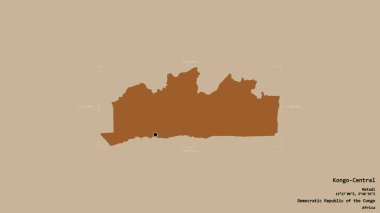 Kongo-Central bölgesi, Demokratik Kongo Cumhuriyeti eyaleti, katı bir arka planda izole edilmiş bir sınır kutusunda. Etiketler. Desenli dokuların bileşimi. 3B görüntüleme