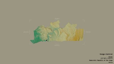 Kongo-Central bölgesi, Demokratik Kongo Cumhuriyeti eyaleti, katı bir arka planda izole edilmiş bir sınır kutusunda. Etiketler. Topografik yardım haritası. 3B görüntüleme