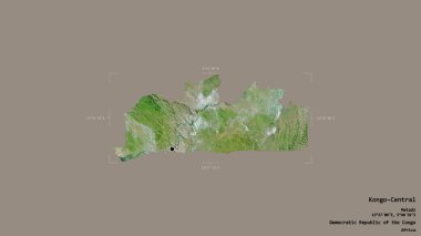 Kongo-Central bölgesi, Demokratik Kongo Cumhuriyeti eyaleti, katı bir arka planda izole edilmiş bir sınır kutusunda. Etiketler. Uydu görüntüleri. 3B görüntüleme