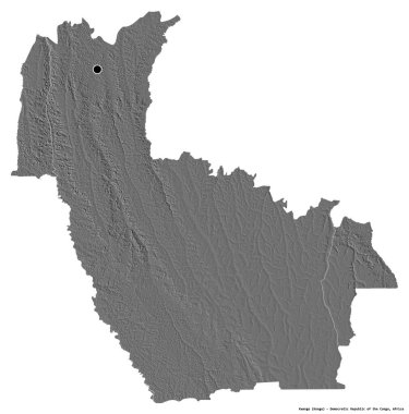 Demokratik Kongo Cumhuriyeti eyaleti Kwango 'nun beyaz arka planda bulunan başkenti. Çift seviyeli yükseklik haritası. 3B görüntüleme