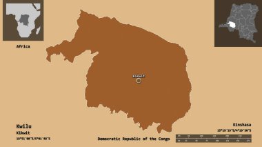 Demokratik Kongo Cumhuriyeti ili Kwilu ve başkenti. Uzaklık ölçeği, ön gösterimler ve etiketler. Desenli dokuların bileşimi. 3B görüntüleme