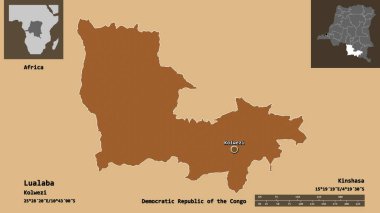 Lualaba 'nın şekli, Demokratik Kongo Cumhuriyeti ili ve başkenti. Uzaklık ölçeği, ön gösterimler ve etiketler. Desenli dokuların bileşimi. 3B görüntüleme