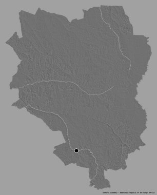 Demokratik Kongo Cumhuriyeti 'nin Sankuru eyaleti, başkenti katı bir renk arkaplanı ile izole edilmiştir. Çift seviyeli yükseklik haritası. 3B görüntüleme