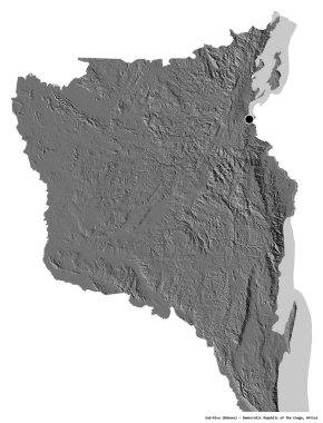Demokratik Kongo Cumhuriyeti eyaleti Sud-Kivu 'nun beyaz arka planda bulunan başkenti. Çift seviyeli yükseklik haritası. 3B görüntüleme