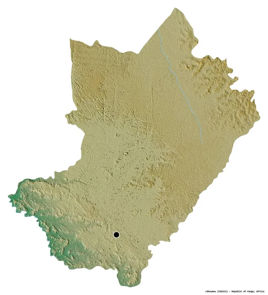 刚果共和国地区Lekoumou的形状 其首都因白色背景而孤立 地形浮雕图 3D渲染 — 图库照片