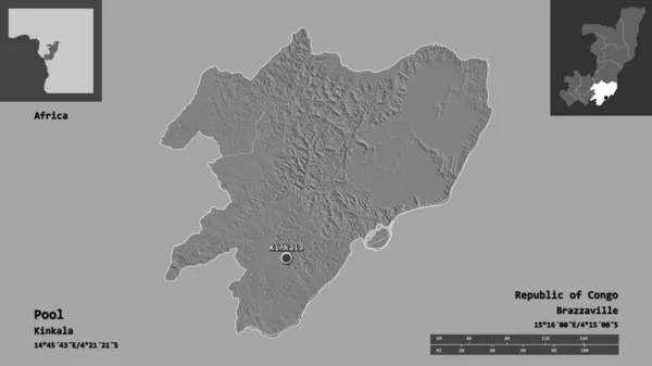 プールの形状 コンゴ共和国の地域 およびその首都 距離スケール プレビューおよびラベル 標高マップ 3Dレンダリング — ストック写真