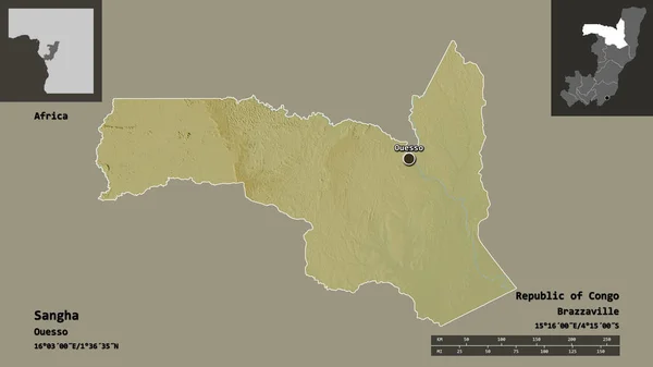 サンガの形 コンゴ共和国の領域 およびその首都 距離スケール プレビューおよびラベル 地形図 3Dレンダリング — ストック写真