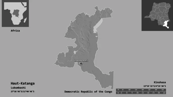 刚果民主共和国加丹加省上加丹加的形状及其首都 距离刻度 预览和标签 Bilevel高程图 3D渲染 — 图库照片